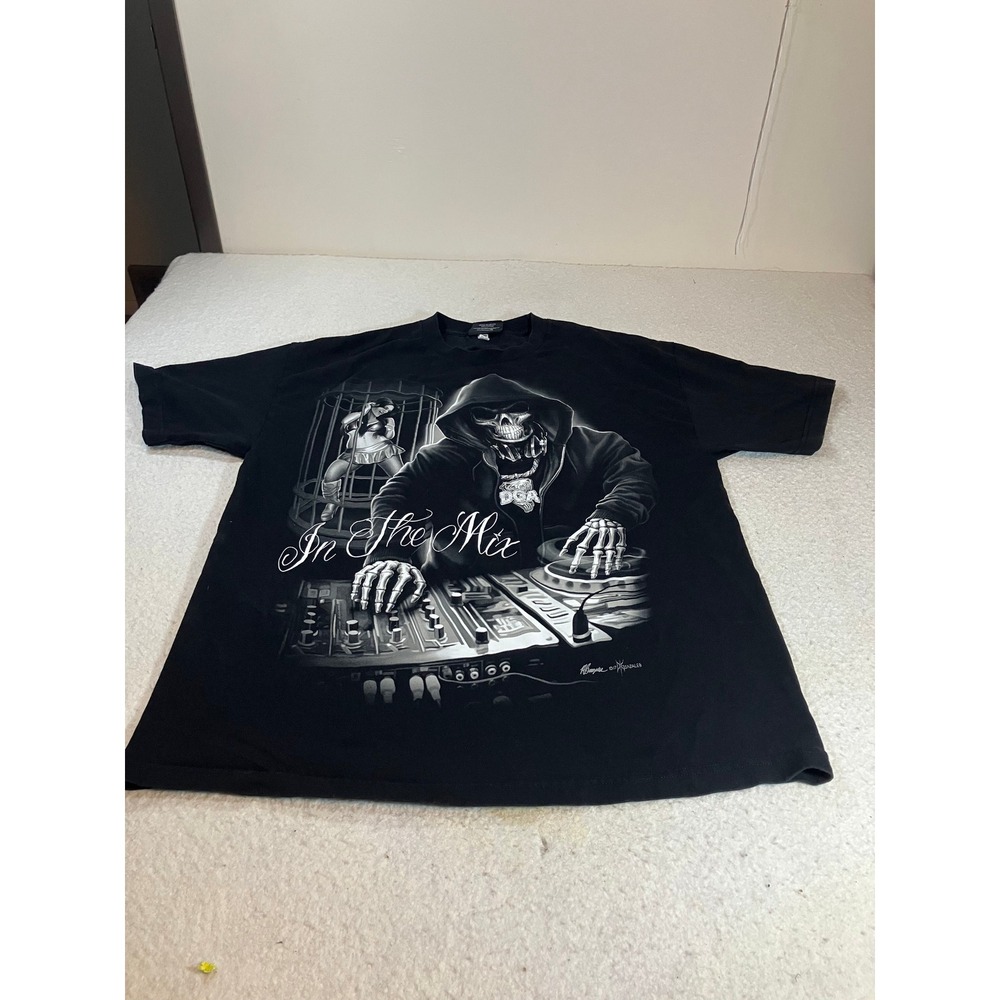 DGA In The Mix Graphic Tee Mens XL Black Skeleton DJ Streetwear T-Shirt Art